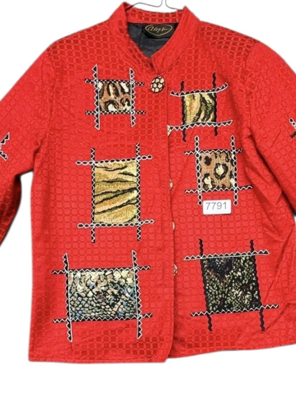 ALEX KIM ALLURE Vintage Red Art To Wear Animal Patchwork Button Loop Jacket LG - Picture 2 of 13